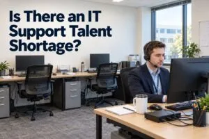 IT support professional handling technical requests amid an IT support talent shortage.