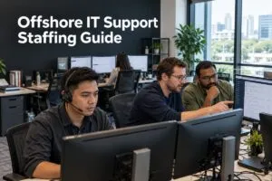 Offshore IT support technicians troubleshooting technical issues and assisting users.