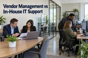 Vendor management vs in-house IT support, showing a vendor review and an IT technician helping an employee.