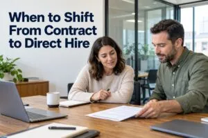 Hiring managers review an employment offer to shift from contract to direct hire.
