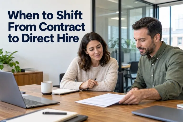 Hiring managers review an employment offer to shift from contract to direct hire.